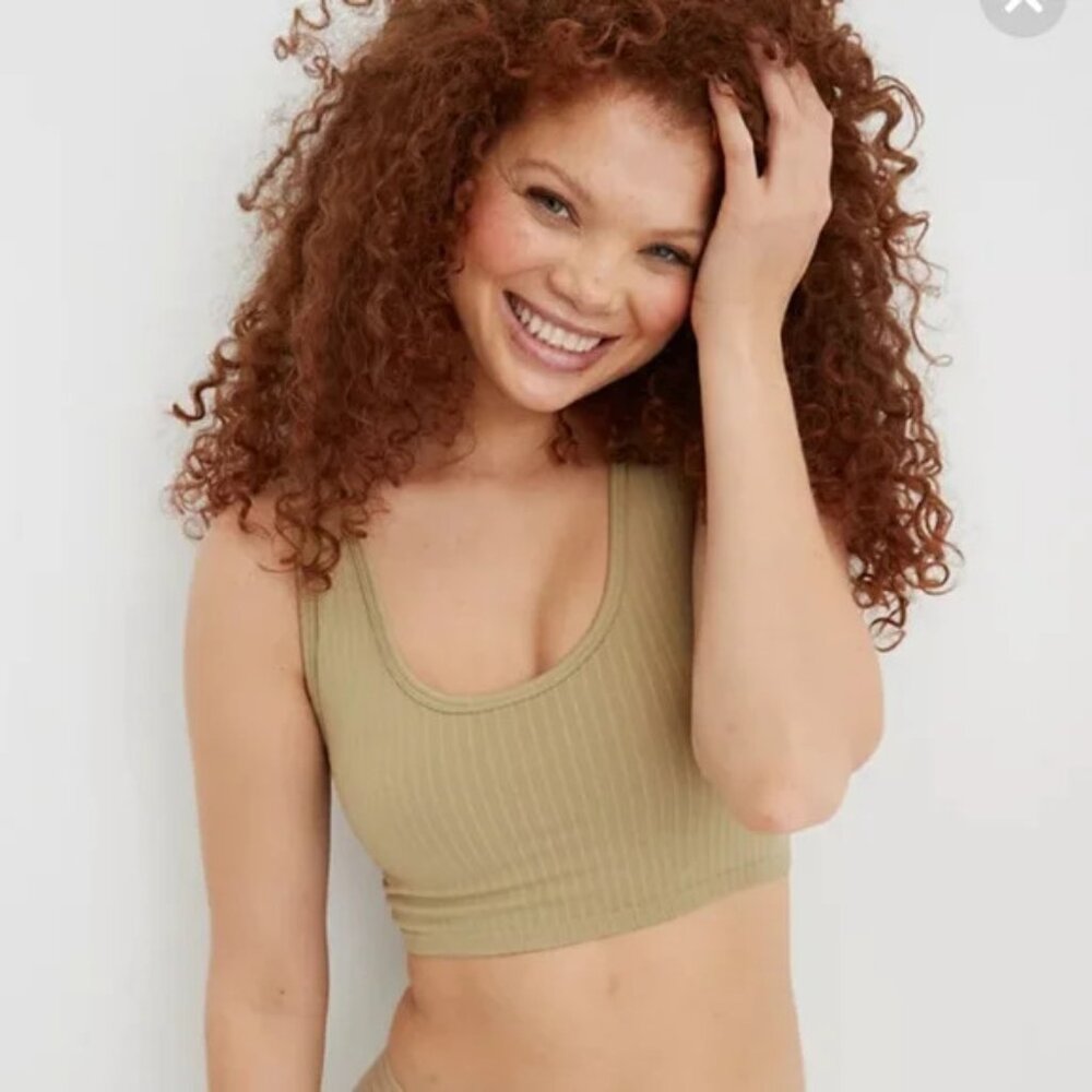 Aerie Olive Green Tan Ribbed Scoop Neck Seamless Sports Bra